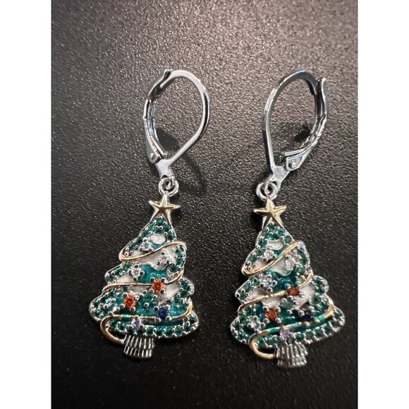 Christmas Tree Rhinestone Earrings Leverback Closure - Picture 2 of 6